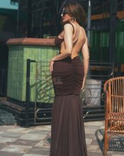 Personal Trainer Actress Tina Dutta in a Chocolate Brown Ruched Backless Maxi Dress Pictures 08