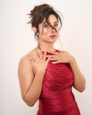 Sexy Neha Khan in a Cherry Red Sleeveless Halter Neck Mini Dress Photos 04
