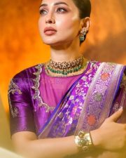 Sophisticated Actress Mimi Chakraborty in a Purple Banarasi saree and embroidered blouse Photos 03 Sophisticated Actress Mimi Chakraborty in a Purple Banarasi saree and embroidered blouse Photos 03