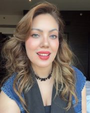 Charming Actress Munmun Dutta in a Black Top with Denim Vest Photos 01