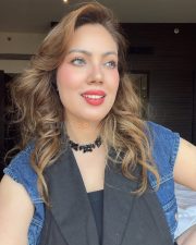Charming Actress Munmun Dutta in a Black Top with Denim Vest Photos 03