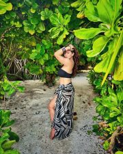 Tropical Beauty Shivaleeka Oberoi in a Black Bikini Top with a Black and White Zebra Printed Sarong Photos 01