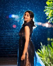 Elegant Actress Mamitha Baiju in a Navy Blue Organza Wrap Dress Photos 03