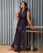 Elegant Actress Mamitha Baiju in a Navy Blue Organza Wrap Dress Photos 04