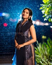 Elegant Actress Mamitha Baiju in a Navy Blue Organza Wrap Dress Photos 05