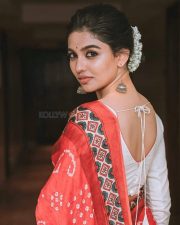 Glam Mamitha Baiju in a Red Bandhani Saree with White Blouse Pictures 04