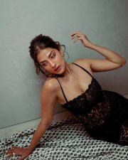 Actress Miloni Jhonsa in a Black Lace Full Length Bodycon Dress with Spaghetti Strap Photos 01