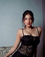 Actress Miloni Jhonsa in a Black Lace Full Length Bodycon Dress with Spaghetti Strap Photos 03
