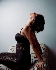 Actress Miloni Jhonsa in a Black Lace Full Length Bodycon Dress with Spaghetti Strap Photos 07