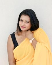 Kannada Beauty Chaitra Ram in a Yellow Saree and Black Sleeveless Blouse Pictures 03