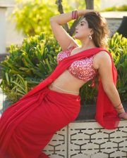 Actress Mrinmai Kolwalkar in a Plain Red Saree with a Sequined Sleeveless Blouse Pictures 02