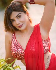 Actress Mrinmai Kolwalkar in a Plain Red Saree with a Sequined Sleeveless Blouse Pictures 03