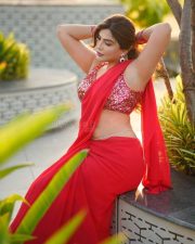 Actress Mrinmai Kolwalkar in a Plain Red Saree with a Sequined Sleeveless Blouse Pictures 04