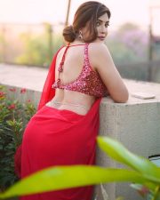 Actress Mrinmai Kolwalkar in a Plain Red Saree with a Sequined Sleeveless Blouse Pictures 07