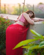 Actress Mrinmai Kolwalkar in a Plain Red Saree with a Sequined Sleeveless Blouse Pictures 08