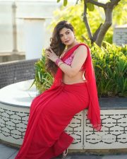 Actress Mrinmai Kolwalkar in a Plain Red Saree with a Sequined Sleeveless Blouse Pictures 10