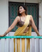 Attractive Mrinmai Kolwalkar in a Yellow Saree with a Sleeveless Blouse Photos 06