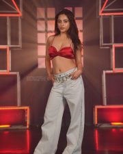 Fashionable Niyati Fatnani in a Red Satin Crop Top with High Waisted Denim Jeans Photos 03