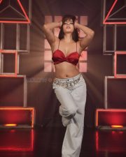 Fashionable Niyati Fatnani in a Red Satin Crop Top with High Waisted Denim Jeans Photos 04
