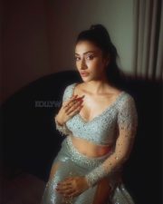 Sexy Dhanashree Verma in an Icy Light Blue Two Piece Sequin Outfit with a Long Sleeved Deep V Neck Crop Top with a Matching Thigh High Slit Pictures 01