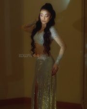Sexy Dhanashree Verma in an Icy Light Blue Two Piece Sequin Outfit with a Long Sleeved Deep V Neck Crop Top with a Matching Thigh High Slit Pictures 02
