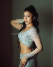 Sexy Dhanashree Verma in an Icy Light Blue Two Piece Sequin Outfit with a Long Sleeved Deep V Neck Crop Top with a Matching Thigh High Slit Pictures 03