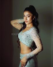 Sexy Dhanashree Verma in an Icy Light Blue Two Piece Sequin Outfit with a Long Sleeved Deep V Neck Crop Top with a Matching Thigh High Slit Pictures 03