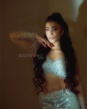 Sexy Dhanashree Verma in an Icy Light Blue Two Piece Sequin Outfit with a Long Sleeved Deep V Neck Crop Top with a Matching Thigh High Slit Pictures 04