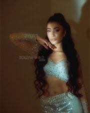 Sexy Dhanashree Verma in an Icy Light Blue Two Piece Sequin Outfit with a Long Sleeved Deep V Neck Crop Top with a Matching Thigh High Slit Pictures 04