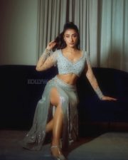 Sexy Dhanashree Verma in an Icy Light Blue Two Piece Sequin Outfit with a Long Sleeved Deep V Neck Crop Top with a Matching Thigh High Slit Pictures 05