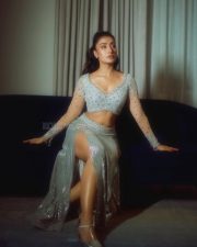 Sexy Dhanashree Verma in an Icy Light Blue Two Piece Sequin Outfit with a Long Sleeved Deep V Neck Crop Top with a Matching Thigh High Slit Pictures 06