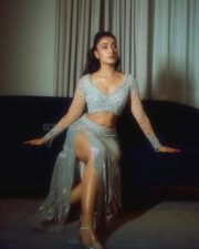 Sexy Dhanashree Verma in an Icy Light Blue Two Piece Sequin Outfit with a Long Sleeved Deep V Neck Crop Top with a Matching Thigh High Slit Pictures 06