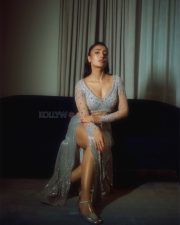 Sexy Dhanashree Verma in an Icy Light Blue Two Piece Sequin Outfit with a Long Sleeved Deep V Neck Crop Top with a Matching Thigh High Slit Pictures 07