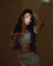 Sexy Dhanashree Verma in an Icy Light Blue Two Piece Sequin Outfit with a Long Sleeved Deep V Neck Crop Top with a Matching Thigh High Slit Pictures 10