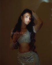 Sexy Dhanashree Verma in an Icy Light Blue Two Piece Sequin Outfit with a Long Sleeved Deep V Neck Crop Top with a Matching Thigh High Slit Pictures 10