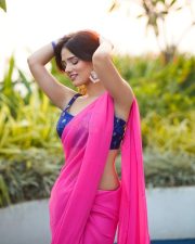 Sexy Nishi Saxena in a Hot Pink Saree with a Royal Blue Sleeveless Embroidered Blouse Photos 02