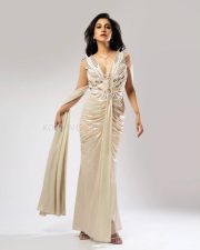 Sexy Rukmini Maitra in a Beige Sleeveless V Neck Gown Photos 08