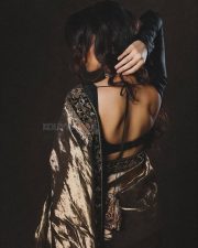 Attractive Sara Arjun in a Bronze Toned Velvet Saree with a Black Velvet Blouse Pictures 01