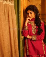 The Perfect Girl Actress Sara Arjun in a Rani Pink Hand Embroidered Sharara Set Photos 01