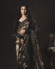 The Perfect Girl Sara Arjun in a Black and Gold Liquid Silk Saree with a Full Sleeved Blouse Pictures 03