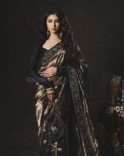 The Perfect Girl Sara Arjun in a Black and Gold Liquid Silk Saree with a Full Sleeved Blouse Pictures 03