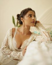 Desirable Ayra Krishna in a White Floral Lace Bralette and Sheer White Lace Shirt with a High Waisted Linen Trousers Photos 01