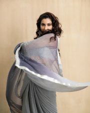 Elegant Actress Vishnu Priya Bhimeneni in a Grey Saree with Silver Embellished Bustier Blouse Photos 04