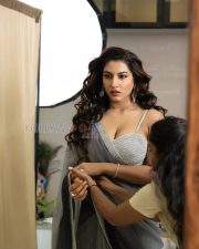 Elegant Actress Vishnu Priya Bhimeneni in a Grey Saree with Silver Embellished Bustier Blouse Photos 05