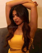 Actress Sahar Krishnan in a Yellow Strapless Side Cutout Mini Dress Photos 01