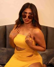 Actress Sahar Krishnan in a Yellow Strapless Side Cutout Mini Dress Photos 03