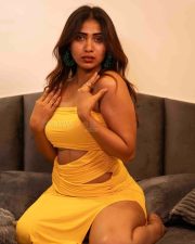 Actress Sahar Krishnan in a Yellow Strapless Side Cutout Mini Dress Photos 06