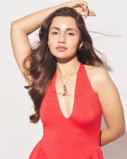 Akshardham Operation Vajra Shakti Actress Anushkaa Luhar in a Red Halter Neck Dress with Deep Cleavage Neckline Photos 09