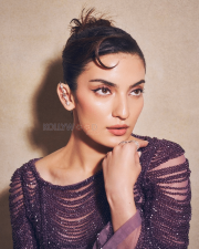 Alluring Pratibha Ranta Legs in a Purple Beaded Scallop Hem Sheer Mini Dress Photos 01