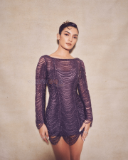 Alluring Pratibha Ranta Legs in a Purple Beaded Scallop Hem Sheer Mini Dress Photos 07